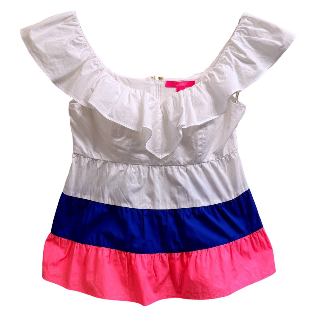 Lilly Pulitzer Emie Ruffle Top Womens 2 White‎ Blue Coral Cotton Preppy Coastal